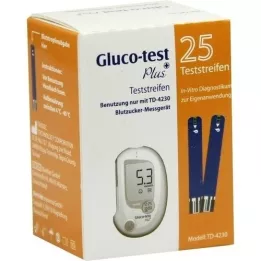 GLUCO TEST Plus des bandes de test de sucre dans le sang, 25 pc